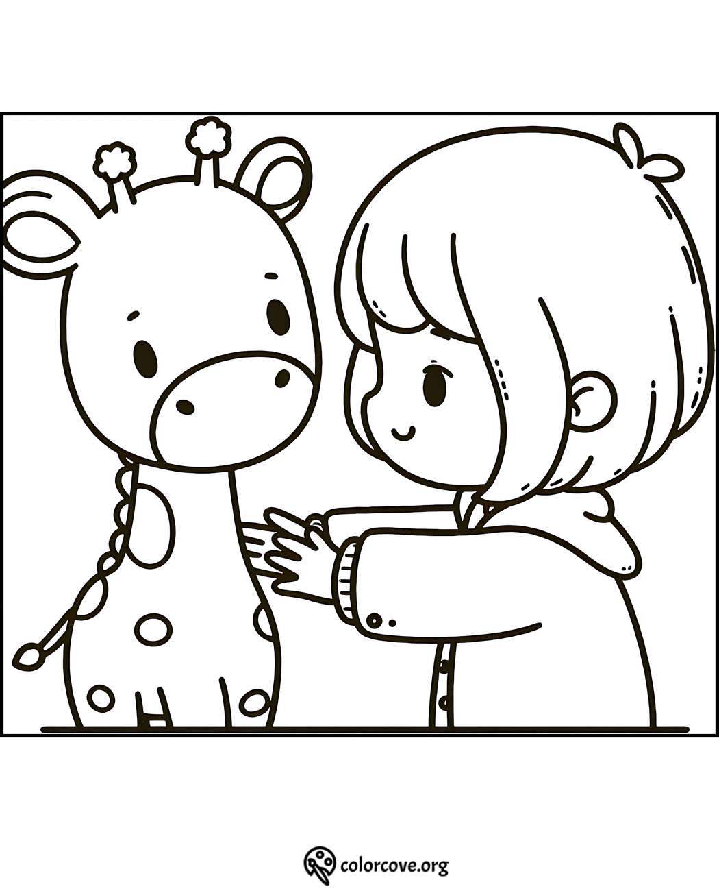 Child hugging giraffe coloring page for kids. Download and print free animal themed coloring sheets at ColorCove.org.