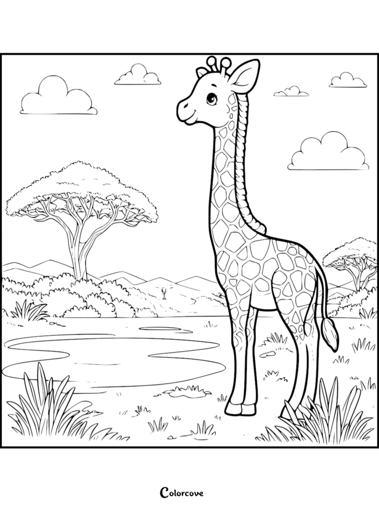 Una linda jirafa de pie en un paisaje de la sabana cerca de un abrevadero, destacada en esta hoja 30 de página para colorear gratuita para imprimir.