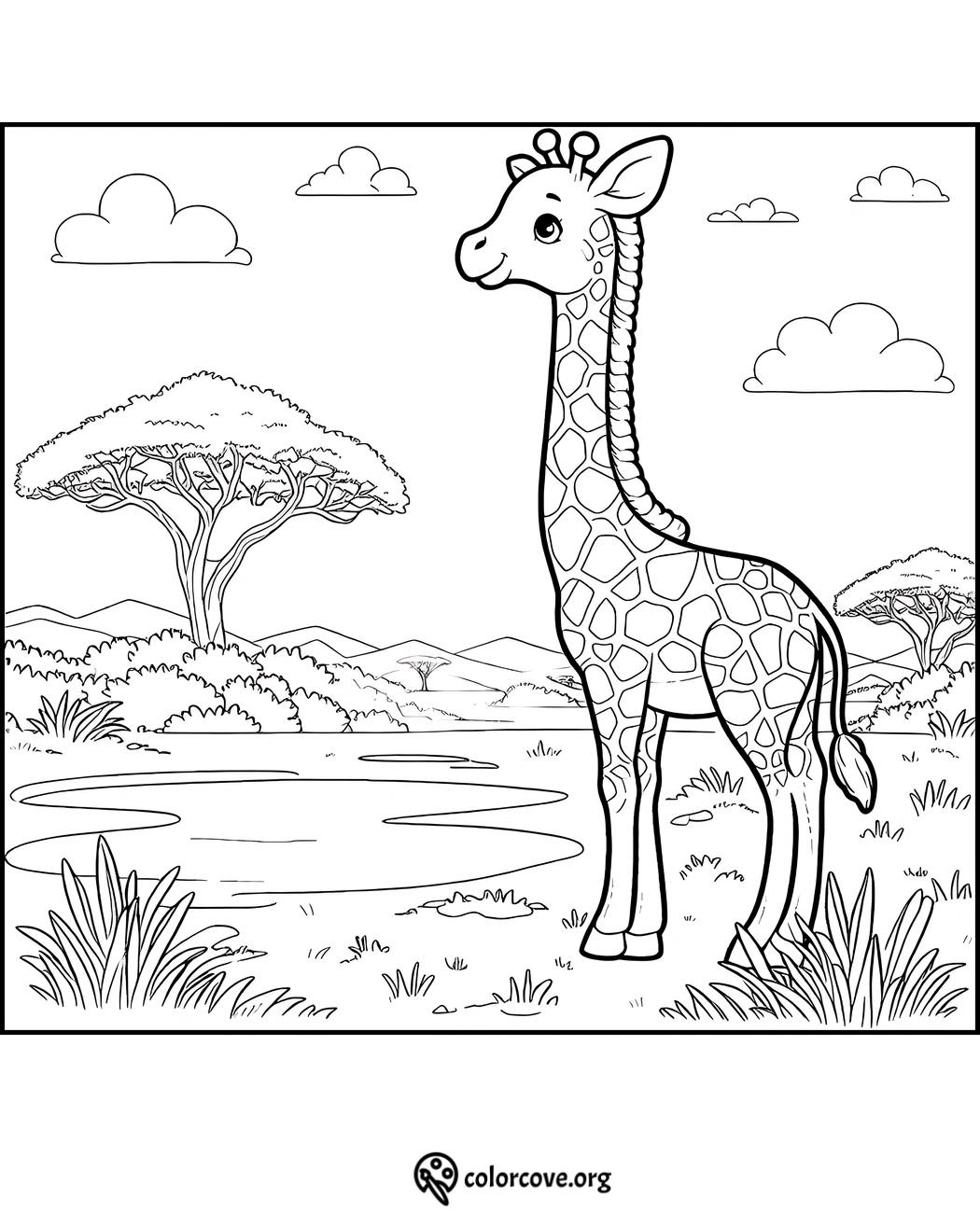 Giraffe coloring page featuring a cute giraffe standing near a waterhole with trees, grass, and clouds in the background.