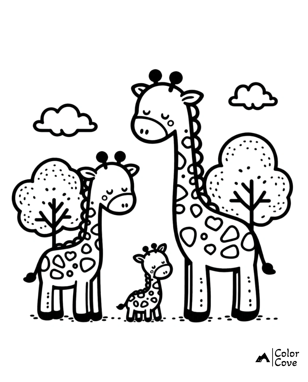 a group of giraffes with trees and clouds