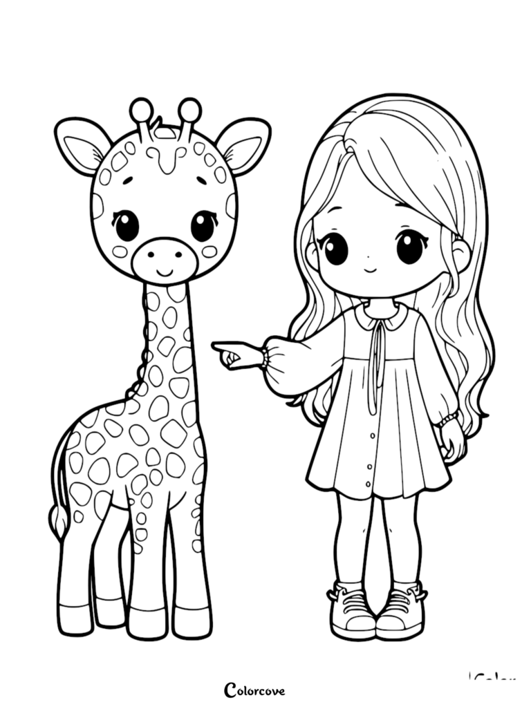 Una linda niña señalando a una jirafa amigable en esta hoja para colorear imprimible 6.