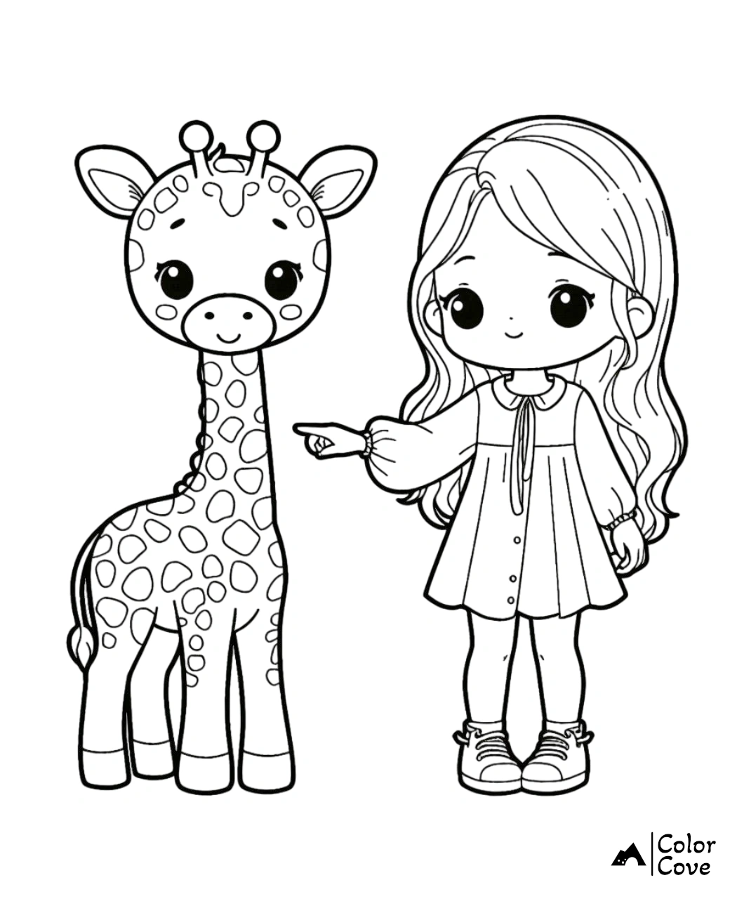 a cartoon girl pointing at a giraffe