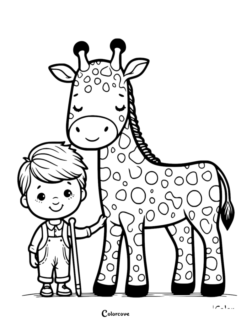 Una linda jirafa de pie junto a un niño pequeño sosteniendo un lápiz en esta página para colorear imprimible.