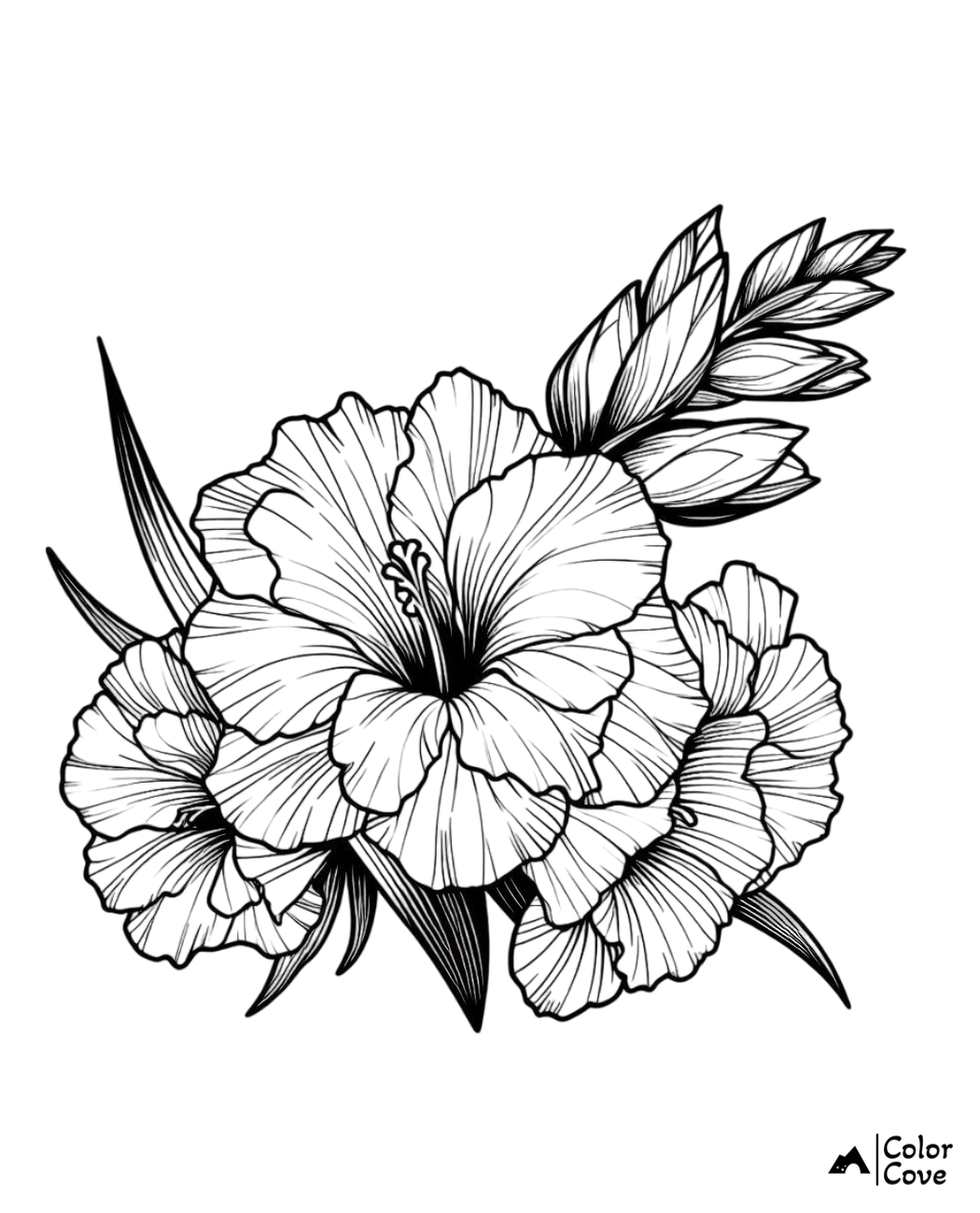 Detailed flower bouquet coloring page with hibiscus and buds. Black and white line art for coloring enthusiasts.