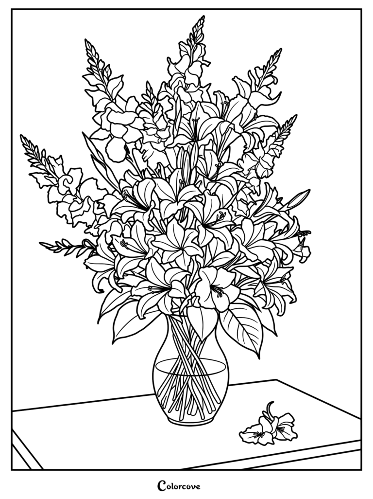 A detailed coloring page featuring a glass vase filled with a lush arrangement of tall gladiolus spikes and open lilies, with a fallen flower on the table.