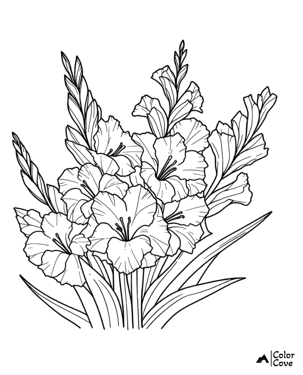 Black and white gladiolus flower coloring page with intricate petals and leaves for adults and kids to color.