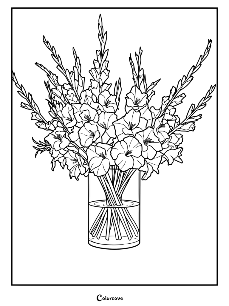 A detailed line art coloring page featuring a large, lush bouquet of gladiolus flowers arranged in a simple cylindrical glass vase.