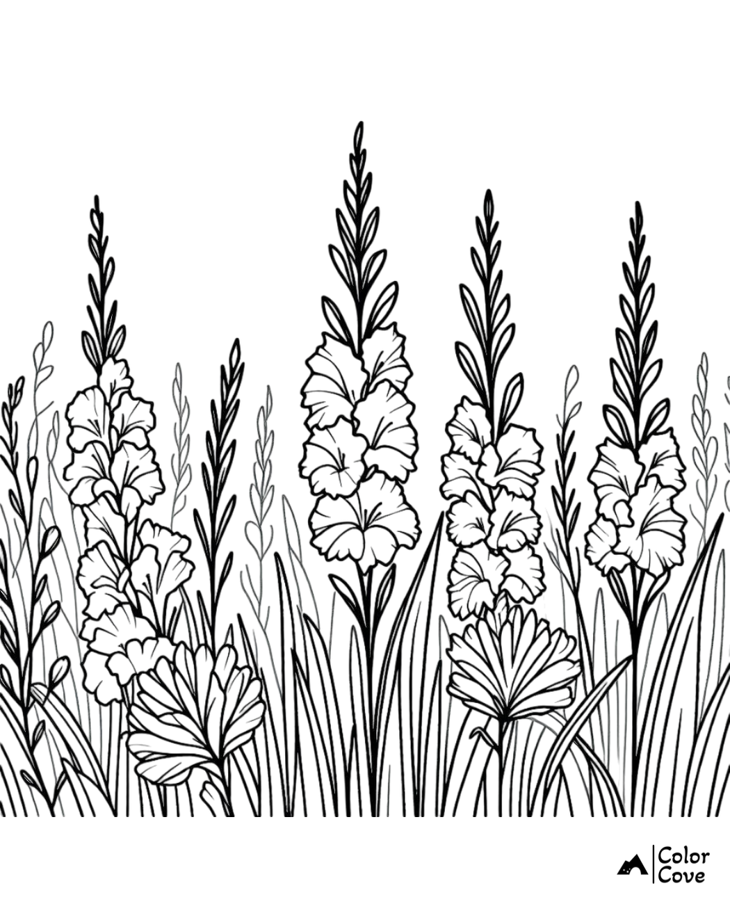 A black-and-white flower coloring page featuring tall gladiolus and grass. Perfect for a relaxing coloring activity.