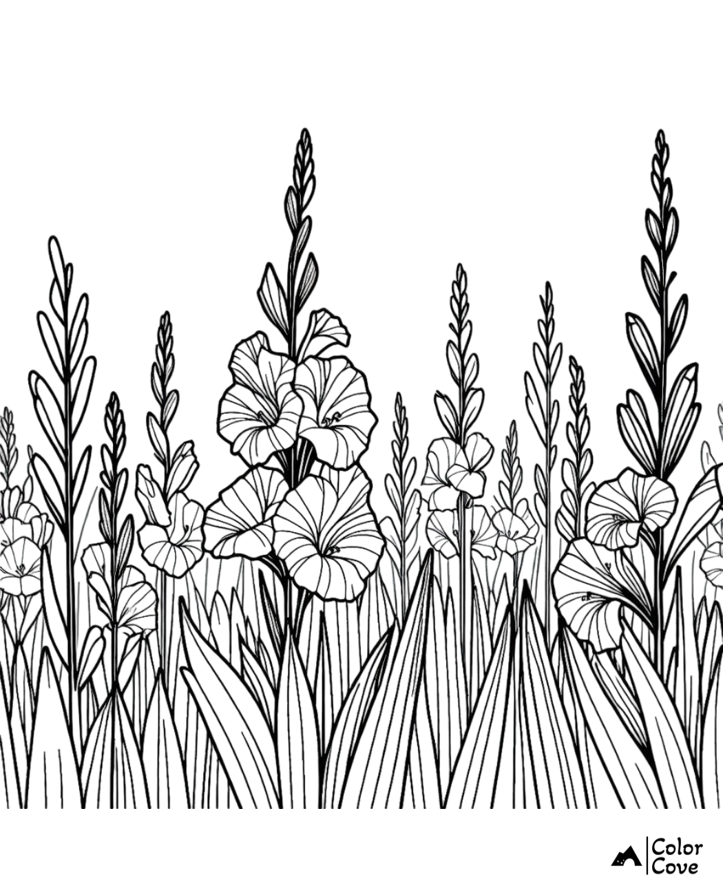 Coloring page of beautiful flowers and tall grass, perfect for relaxation and creativity. Provided by Color Cove.