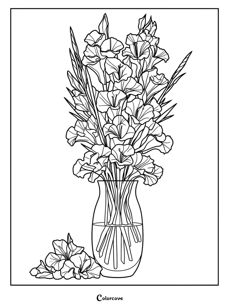 A detailed coloring page featuring a large bouquet of gladiolus flowers arranged in a glass vase with loose petals on the table.