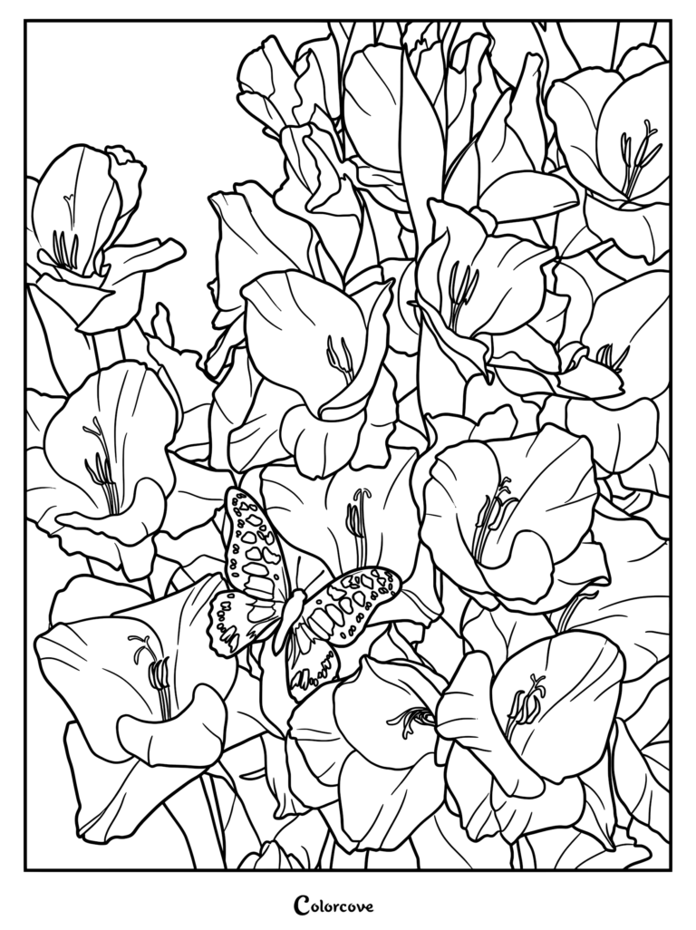 A detailed coloring page featuring a cluster of blooming gladiolus flowers with a patterned butterfly resting on a petal.