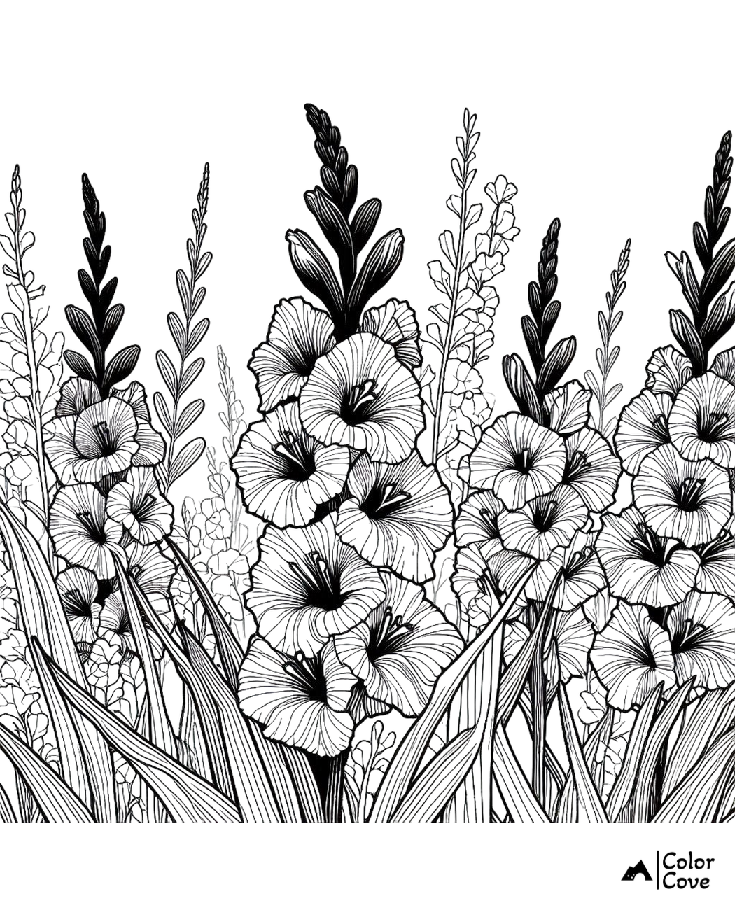 Detailed flower garden coloring page with various blooming flowers and intricate designs. Perfect for adult coloring enthusiasts.