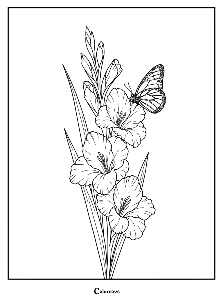 A detailed line art coloring page of a tall gladiolus stem with three blooming flowers and a monarch butterfly resting on a petal.