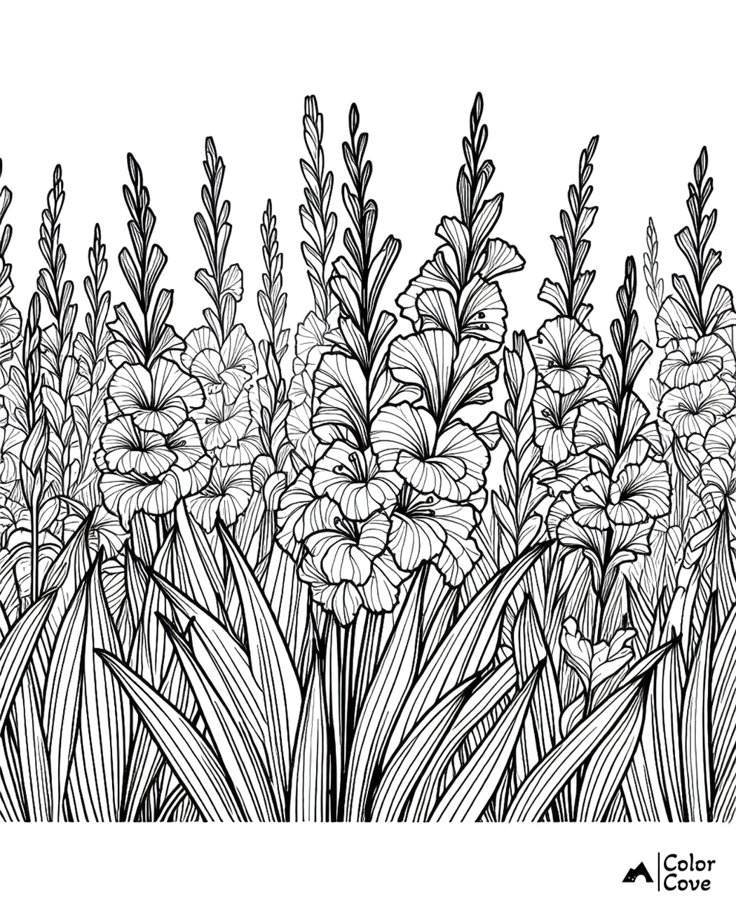 Coloring page featuring intricate gladiolus flowers and leaves, perfect for adult coloring enthusiasts seeking detailed designs.