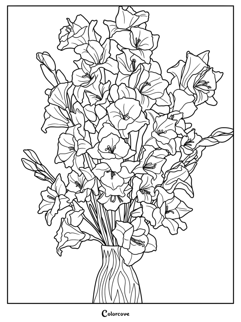 A detailed line art coloring page featuring a large, lush bouquet of blooming gladiolus flowers arranged in a textured glass vase.