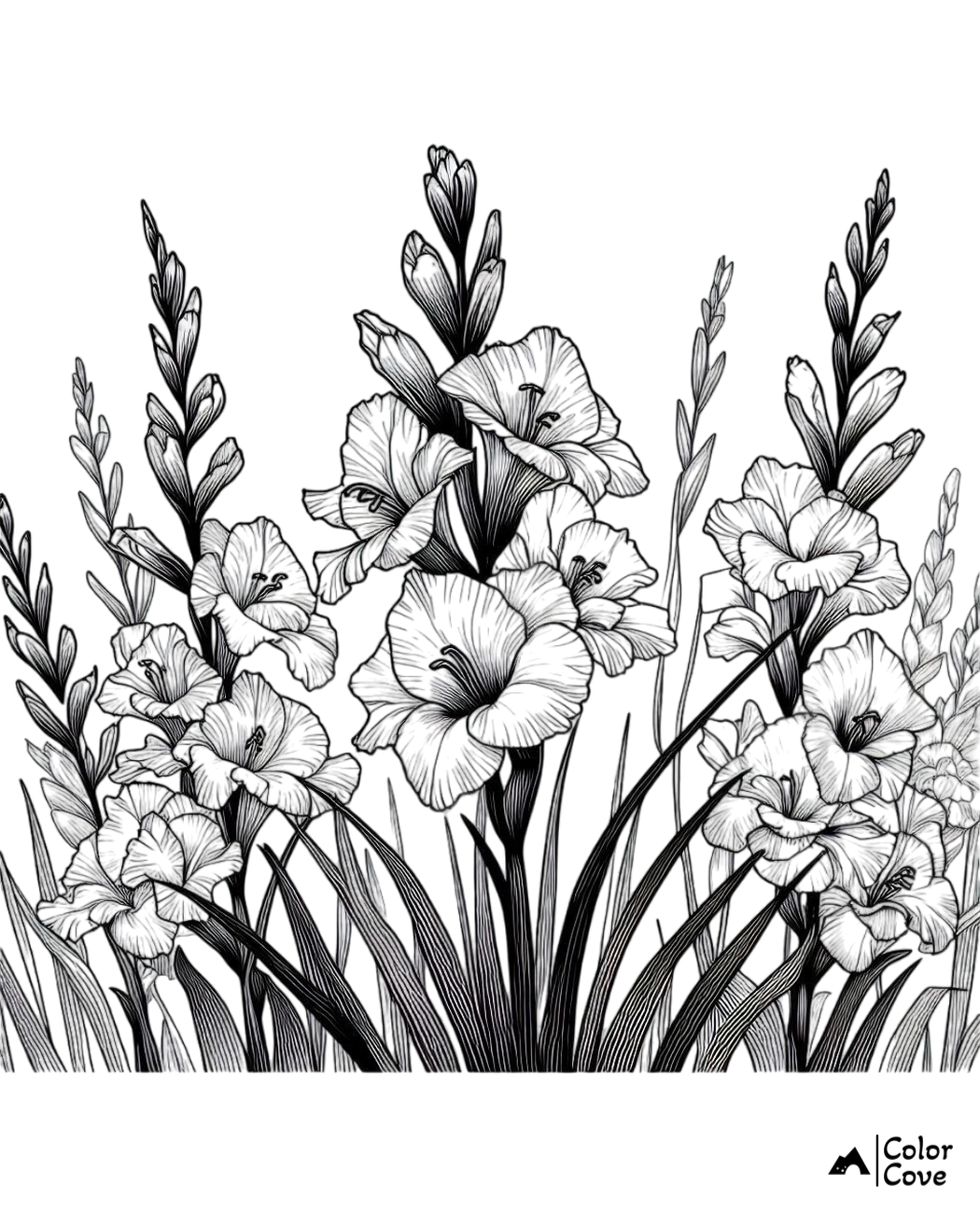 Black and white gladiolus flower coloring page, intricate design for stress relief and relaxation by Color Cove.