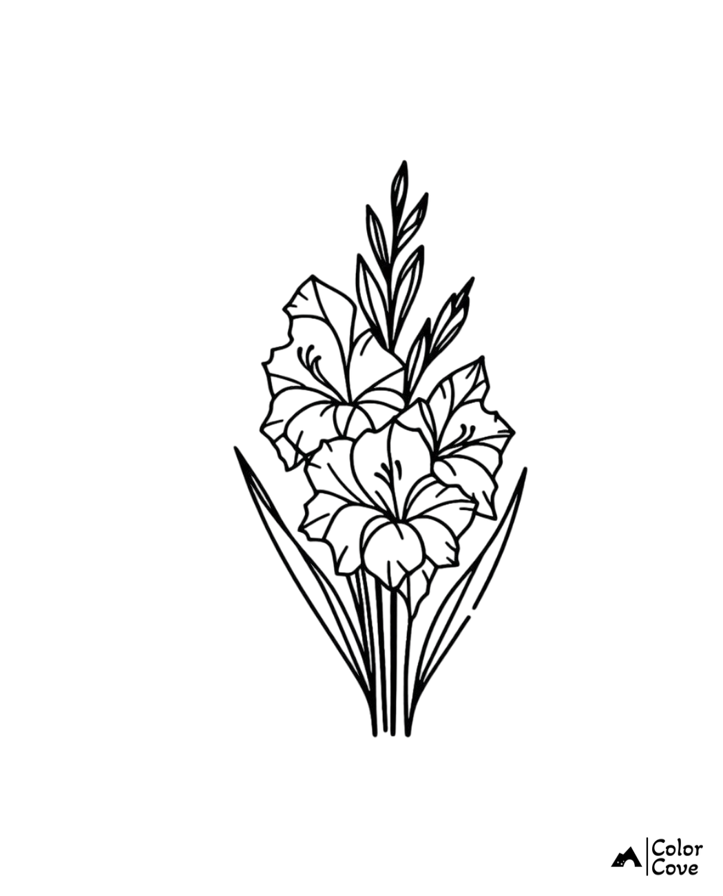 Coloring page featuring a detailed gladiolus flower illustration with intricate petals and leaves. Perfect for relaxing activity.