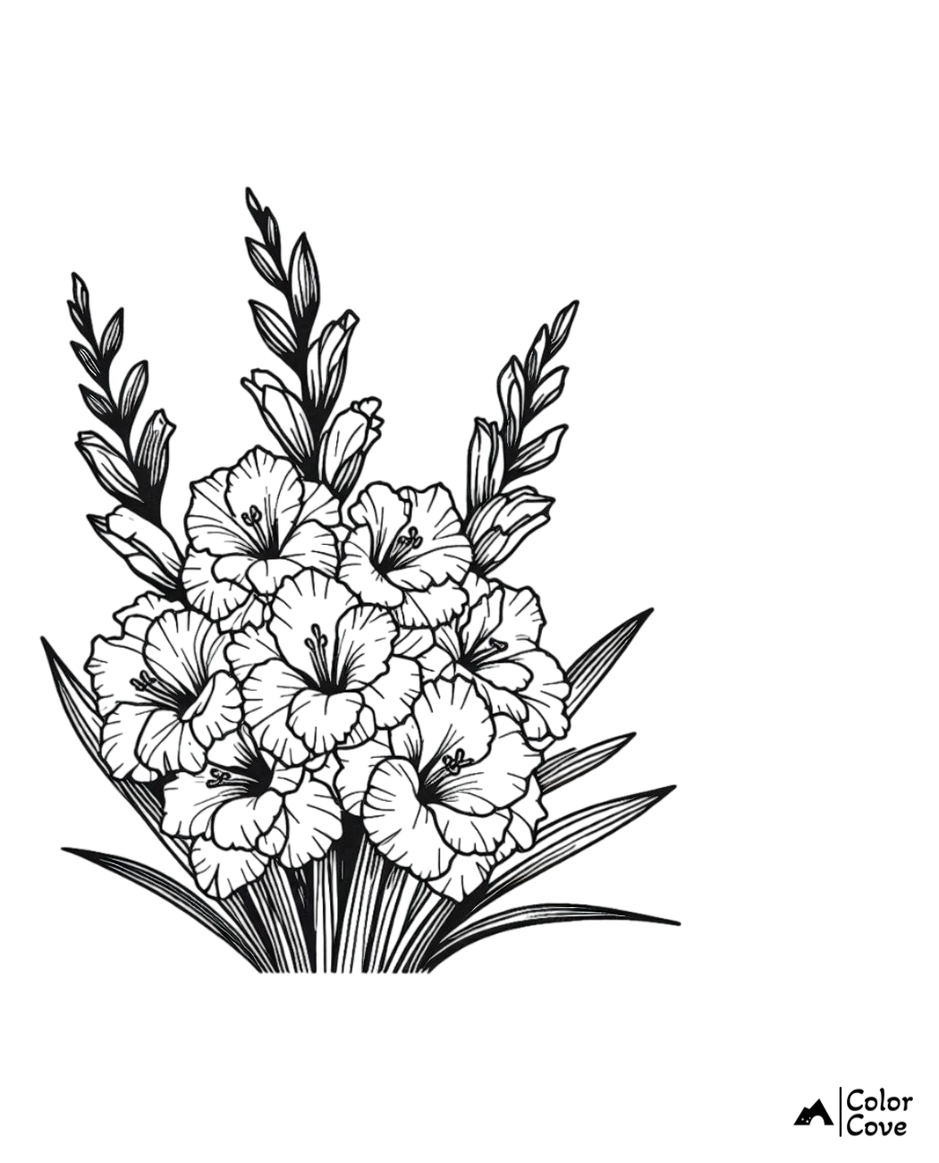 Black and white gladiolus bouquet coloring page, ready for creative coloring by kids and adults. Relaxing floral design.