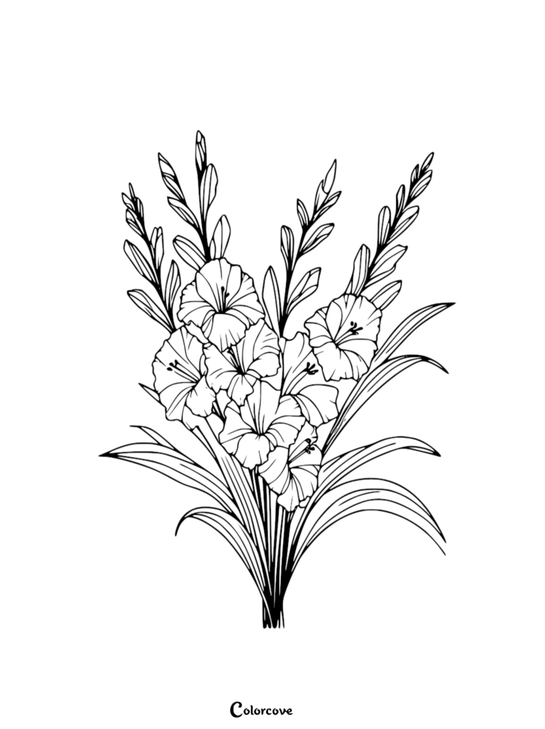 A detailed line art coloring page featuring a bouquet of beautiful gladiolus flowers with tall stems and pointed leaves.