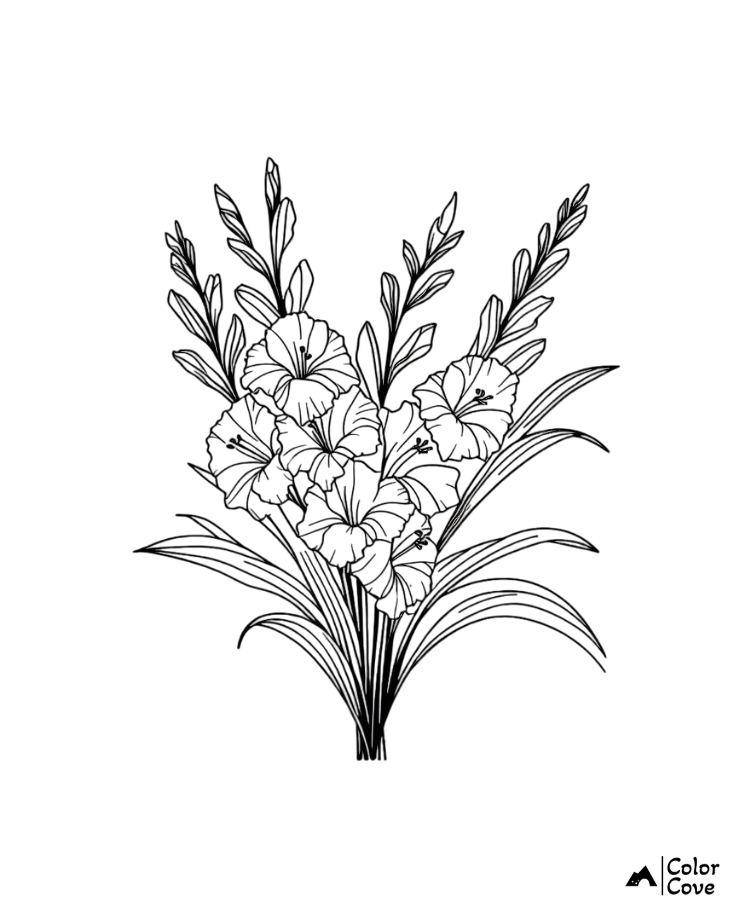 Beautiful gladiolus coloring page with detailed floral design for kids and adults. Perfect for printable coloring fun.