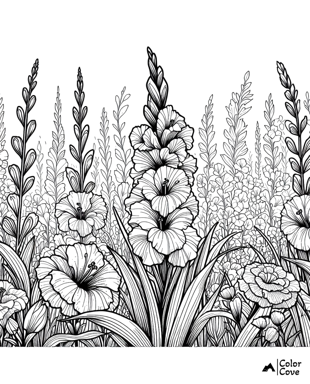 Detailed floral coloring page featuring various flowers and plants in bloom, perfect for art therapy and relaxation activities.