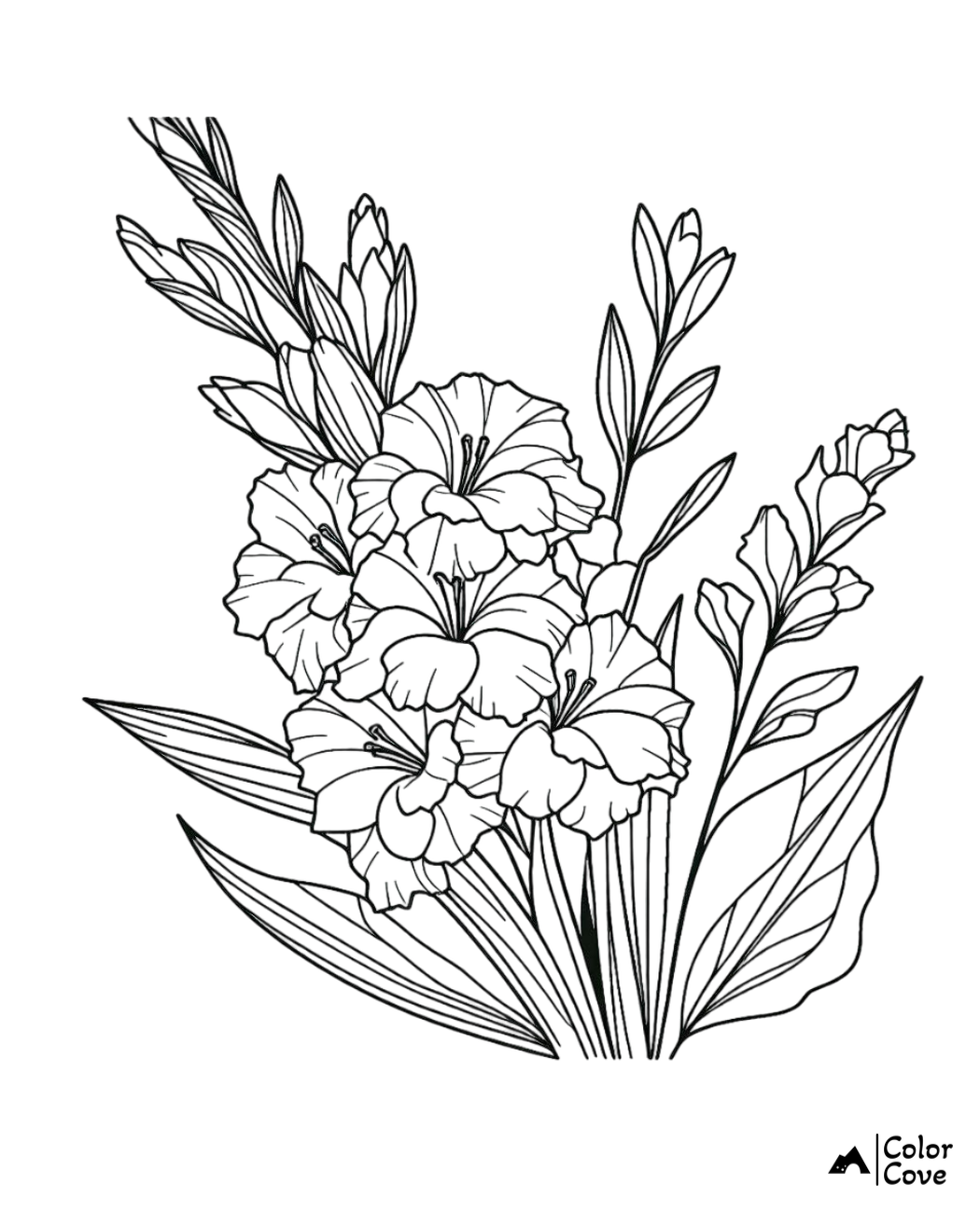 Gladiolus flower coloring page, intricate floral design for relaxation and creativity, printable adult coloring sheet.