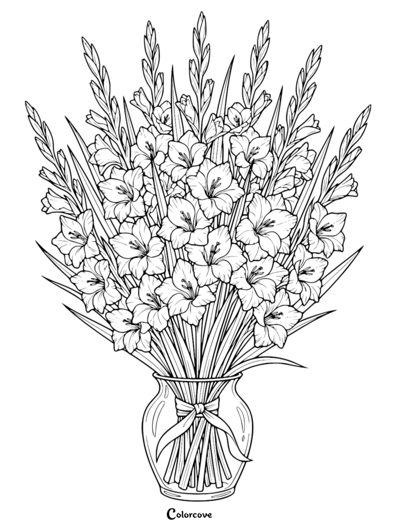 A detailed coloring page featuring a large bouquet of beautiful gladiolus flowers arranged in a glass vase tied with a ribbon.