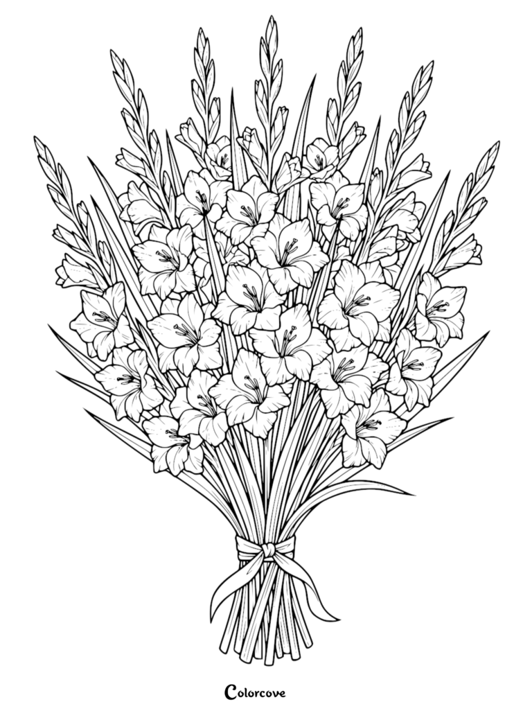 A detailed line art coloring page featuring a large, elegant bouquet of blooming gladiolus flowers tied with a ribbon.