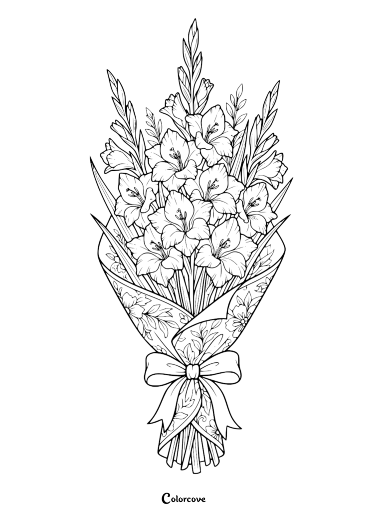 A detailed Gladiolus coloring page featuring a bouquet of tall gladiolus flowers wrapped in decorative floral paper with a bow.