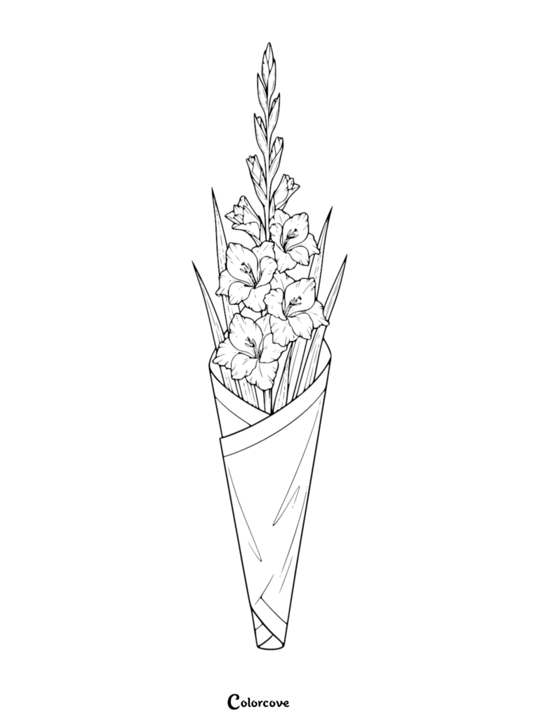 A detailed line art coloring page of a wrapped bouquet of beautiful gladiolus flowers with tall stems and pointed leaves.