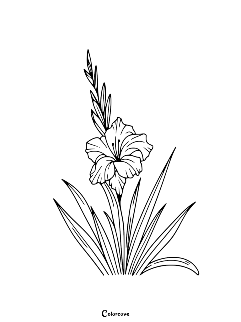 A detailed line art illustration of a single gladiolus flower with tall sword-shaped leaves, presented as a free printable coloring page.