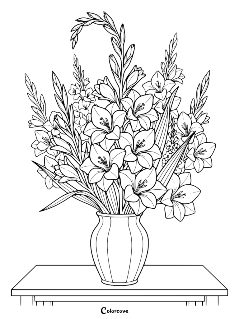 A detailed line art coloring page featuring a large, elegant bouquet of gladiolus flowers arranged in a simple striped vase on a table.