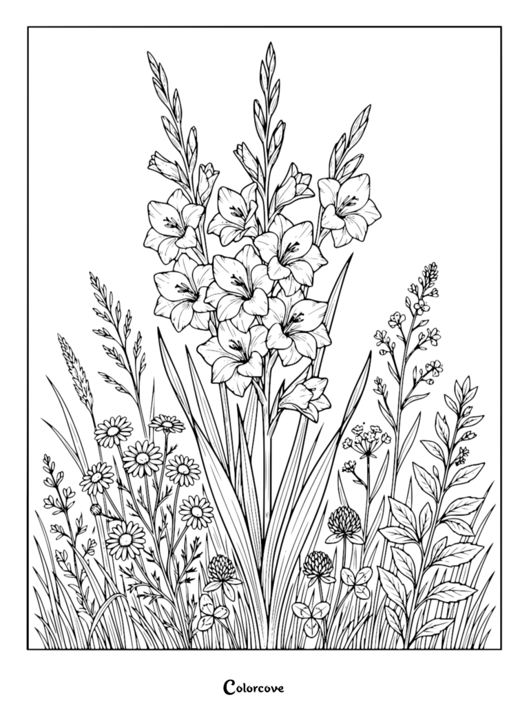 A detailed printable coloring page featuring a tall Gladiolus flower surrounded by daisies, clover, and wild grasses.