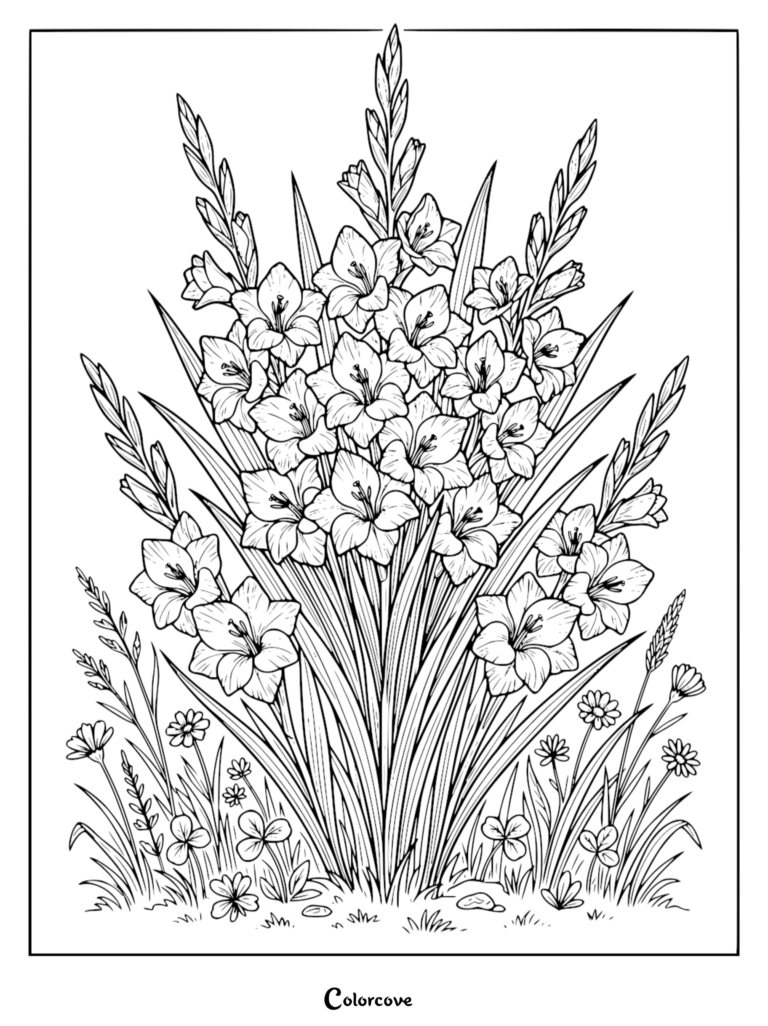 A detailed coloring page featuring a tall, lush bouquet of blooming gladiolus flowers surrounded by small wildflowers and grass.