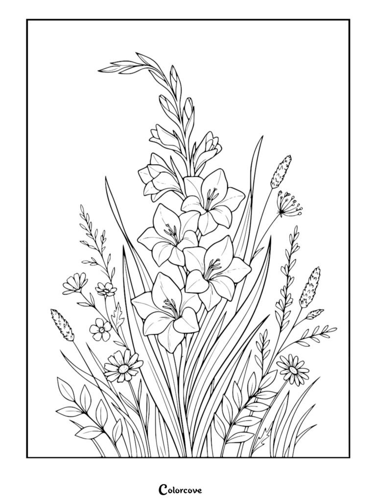 A detailed line art coloring page featuring a tall gladiolus flower surrounded by wildflowers and tall grasses.