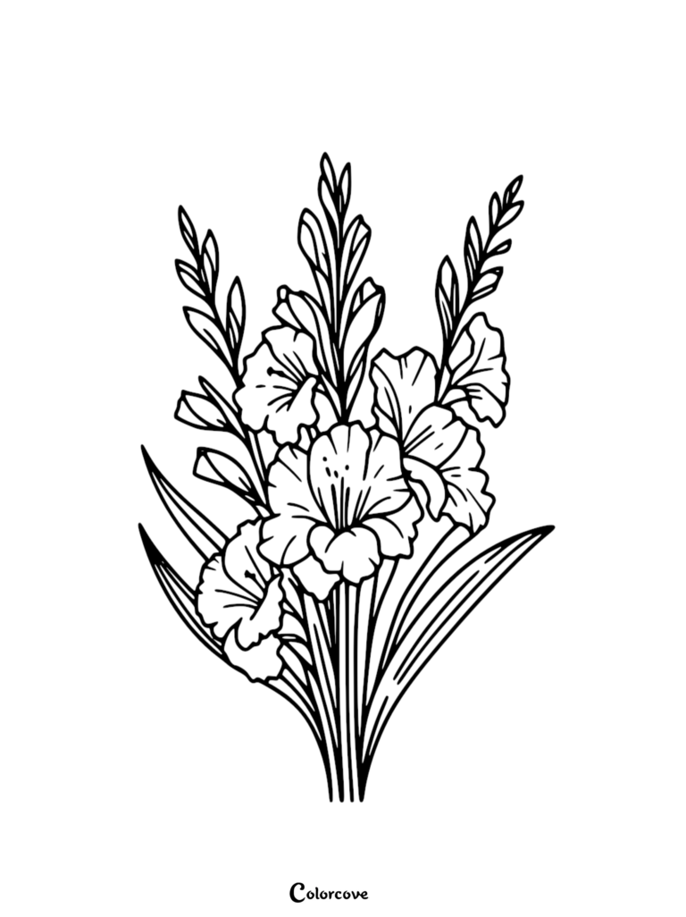 A printable coloring page featuring a beautiful bouquet of three tall gladiolus flower stalks with detailed petals and long leaves.