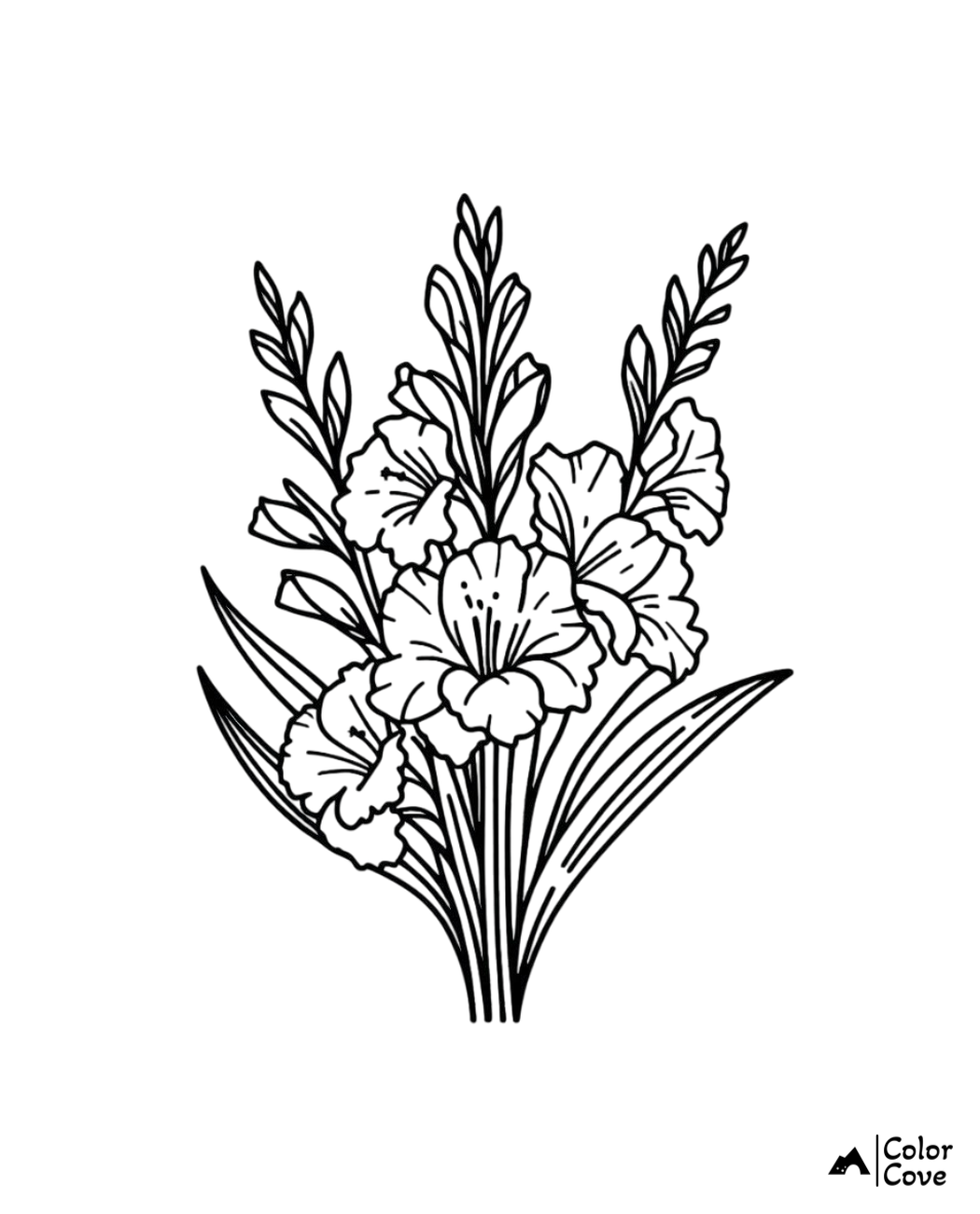 Black and white floral coloring page with gladiolus flowers and leaves; perfect for therapeutic coloring activities.