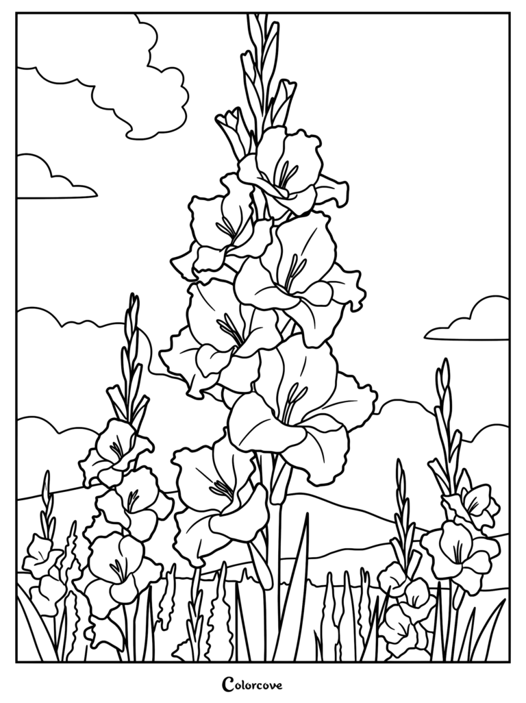 A detailed coloring page featuring tall gladiolus flower stalks blooming in a garden with clouds in the background.