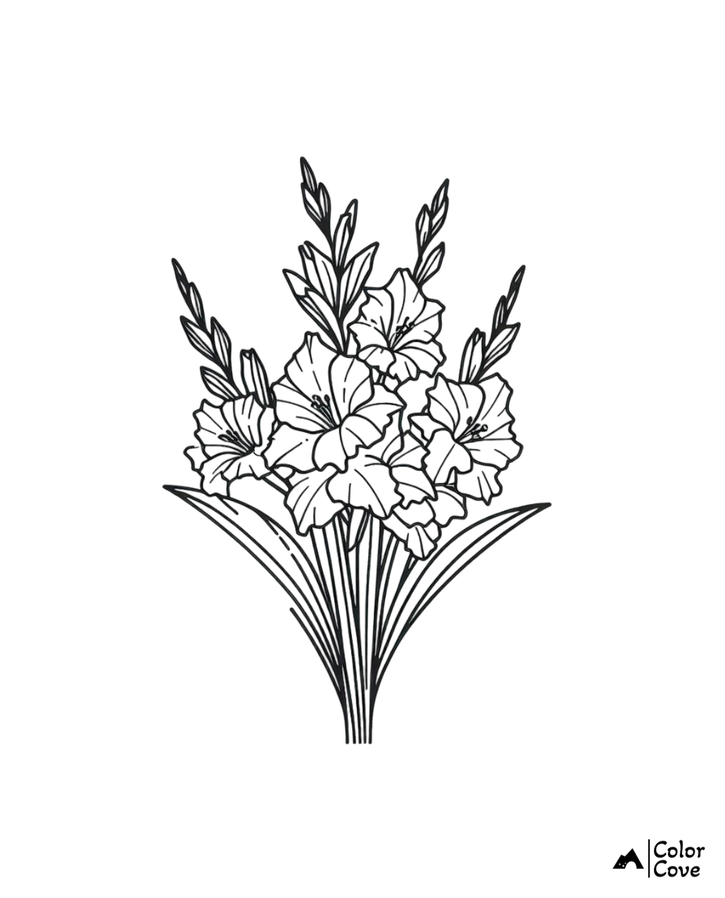 Black and white coloring page of gladiolus flowers bouquet with leaves, perfect for adult and kids coloring activities.