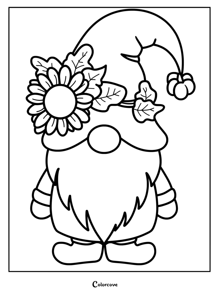 Autumn themed gnome wearing a sunflower and leaf hat, printable coloring page.