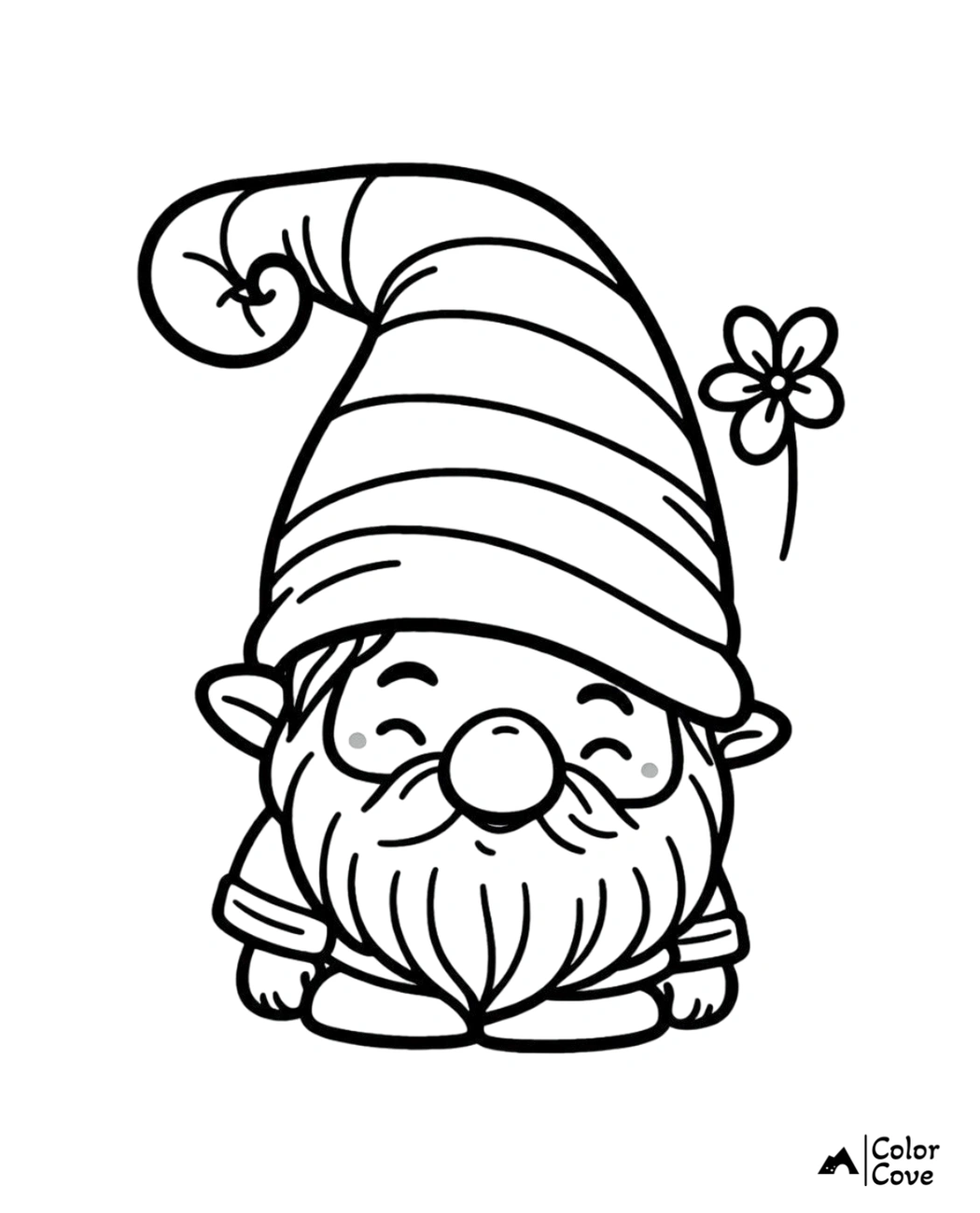 Cute gnome coloring page for kids with flower and whimsical hat, perfect for creative coloring fun. Printable PDF from Color Cove.