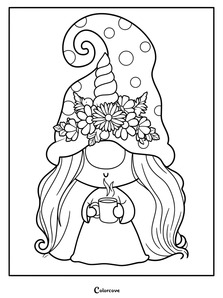 A cute gnome wearing a polka dot hat with a unicorn horn and floral crown, holding a steaming mug of coffee in this printable coloring page.