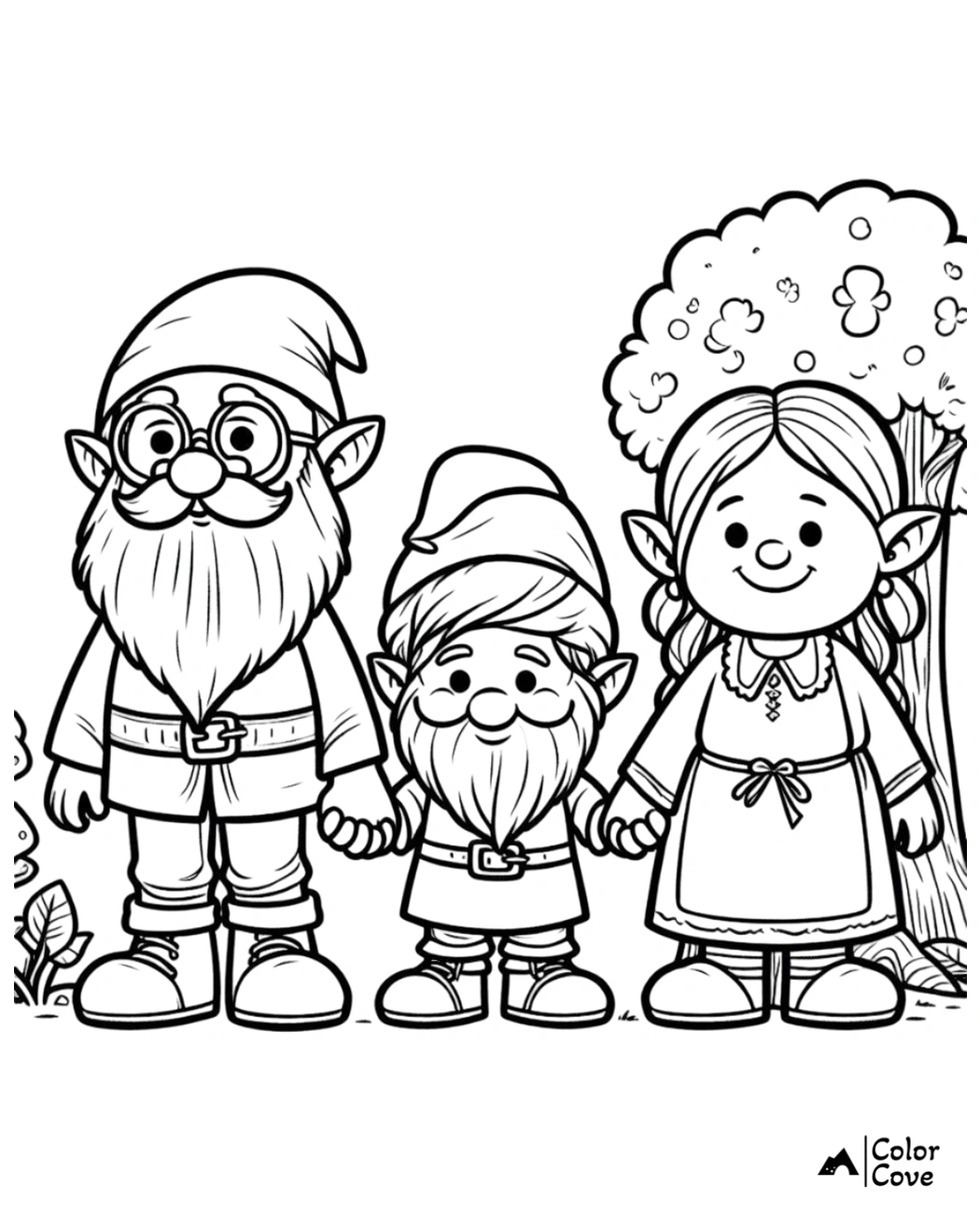 Adorable gnome family coloring page with three gnomes holding hands, perfect kids' activity for fantasy-themed fun.