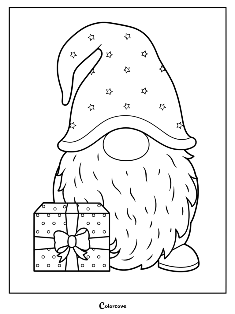 A gnome wearing a star-patterned hat standing next to a polka-dot gift box in this printable coloring page.