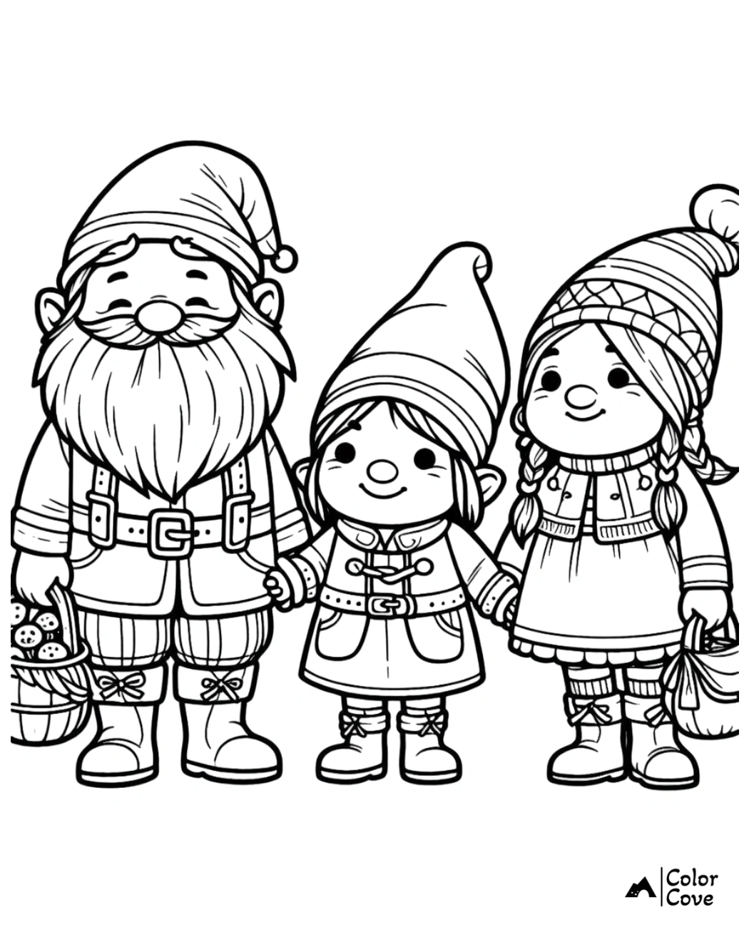 Three adorable gnomes holding hands in a charming coloring page, perfect for kids or holiday activities.