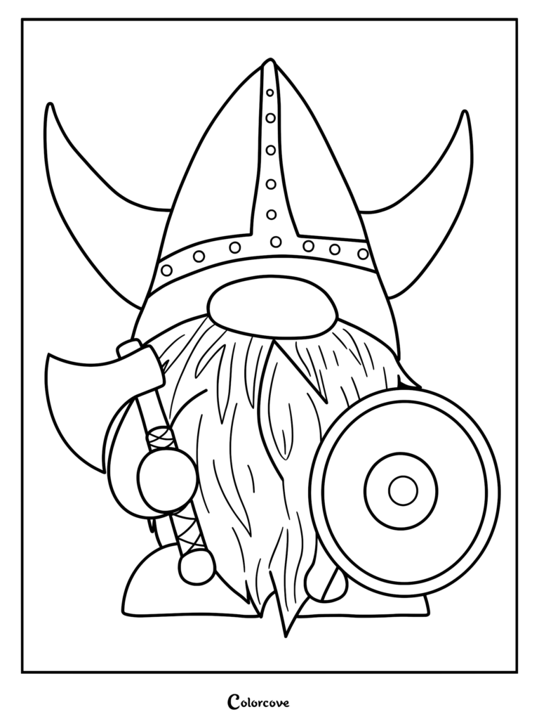 A Viking gnome coloring page featuring a bearded figure wearing a horned helmet, holding a battle axe and a round shield.