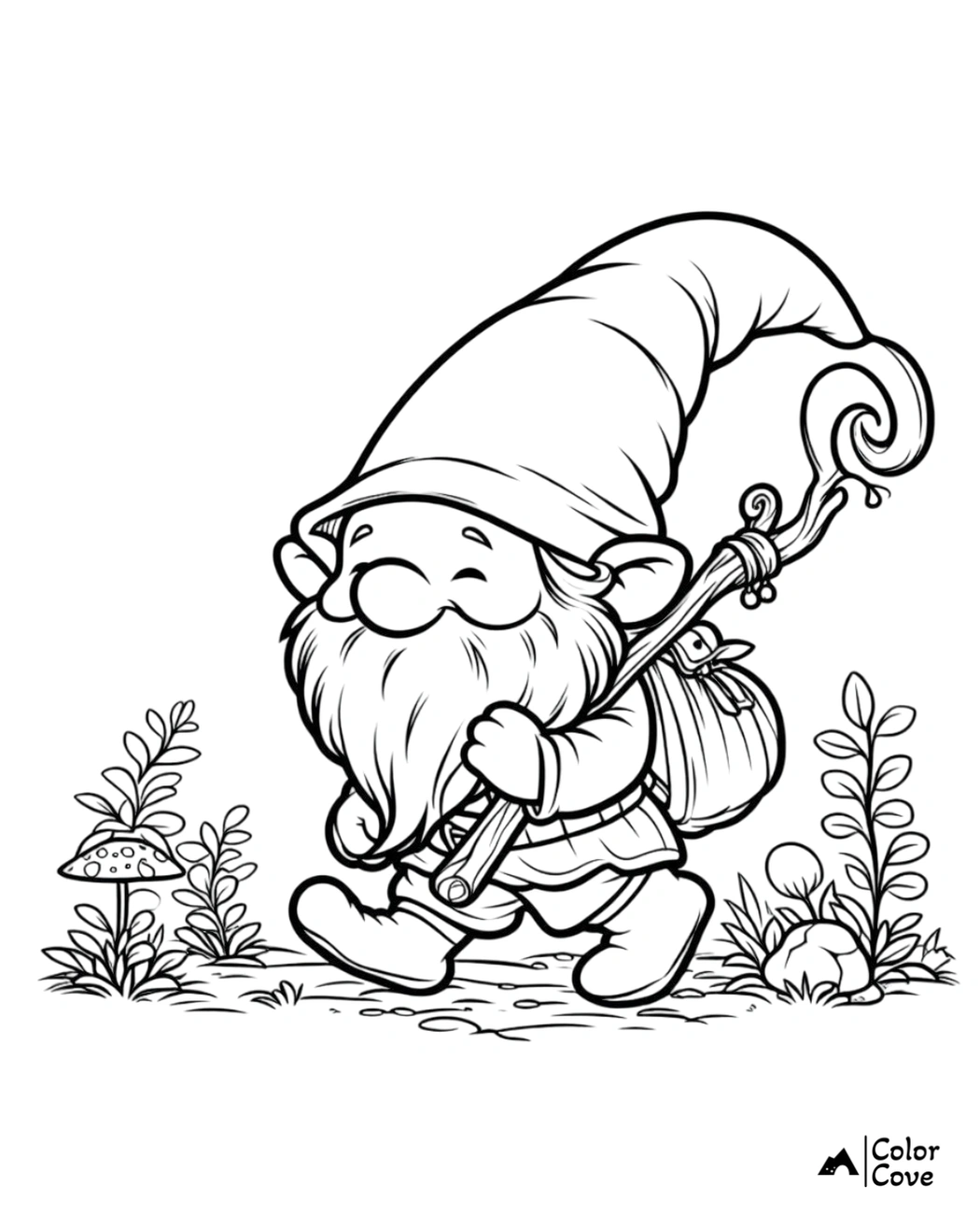 Adorable gnome with a long beard and hat walking through a garden with plants and a mushroom; printable coloring page.