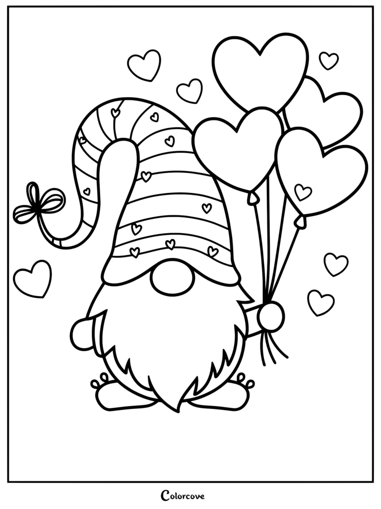 A cute gnome wearing a striped hat with heart patterns holding a bunch of heart-shaped balloons in this printable coloring page.