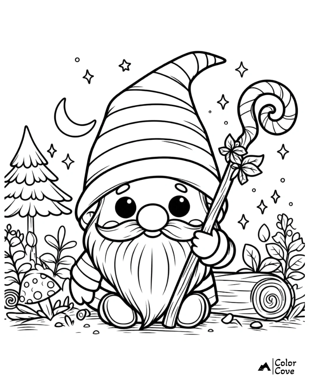 Cute gnome with striped hat and cane in a whimsical forest setting by moonlight. Coloring page for kids and adults.