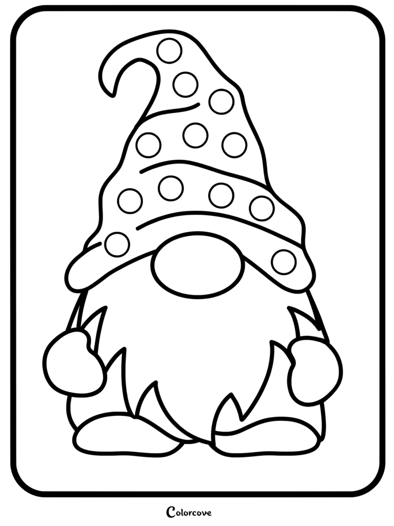 A simple gnome coloring page featuring a gnome wearing a tall hat covered in large polka dots.